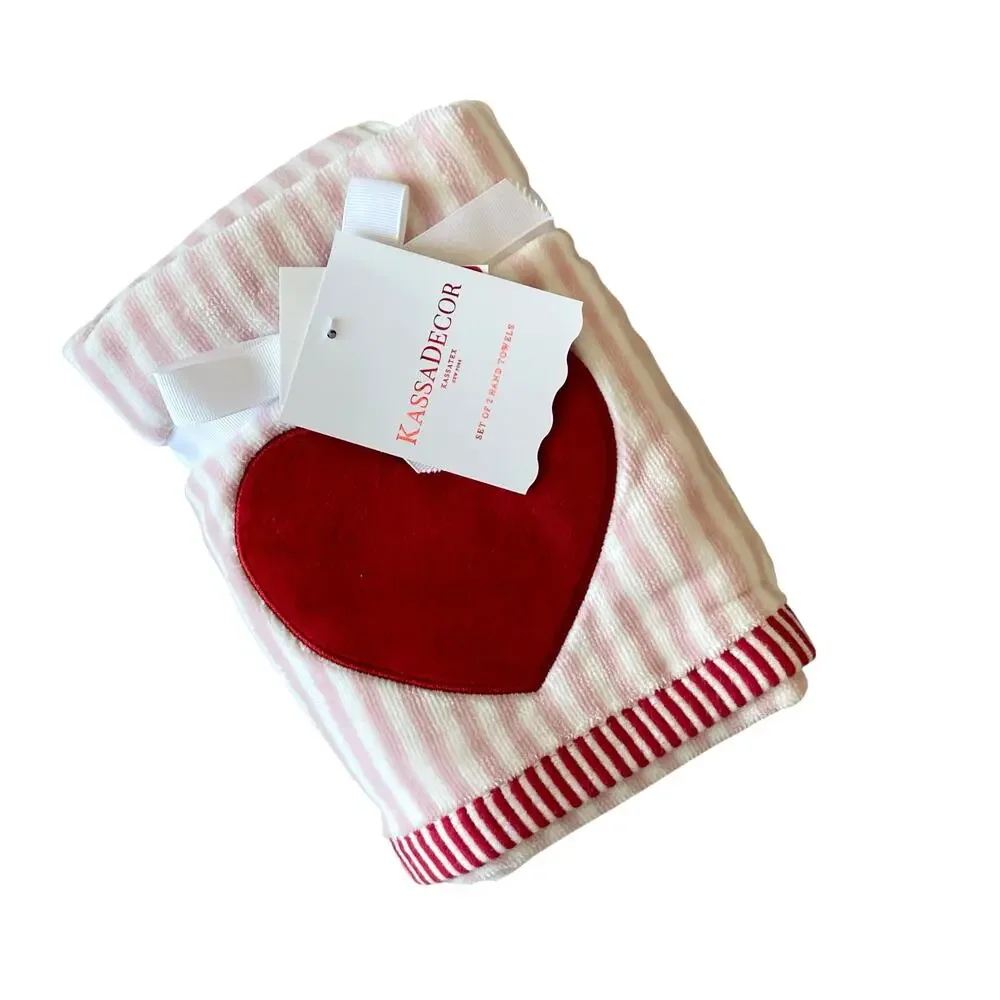 2pc Valentine's Day Hand Towels Embroidered Red Heart Pink Stripes 18x28 Cotton